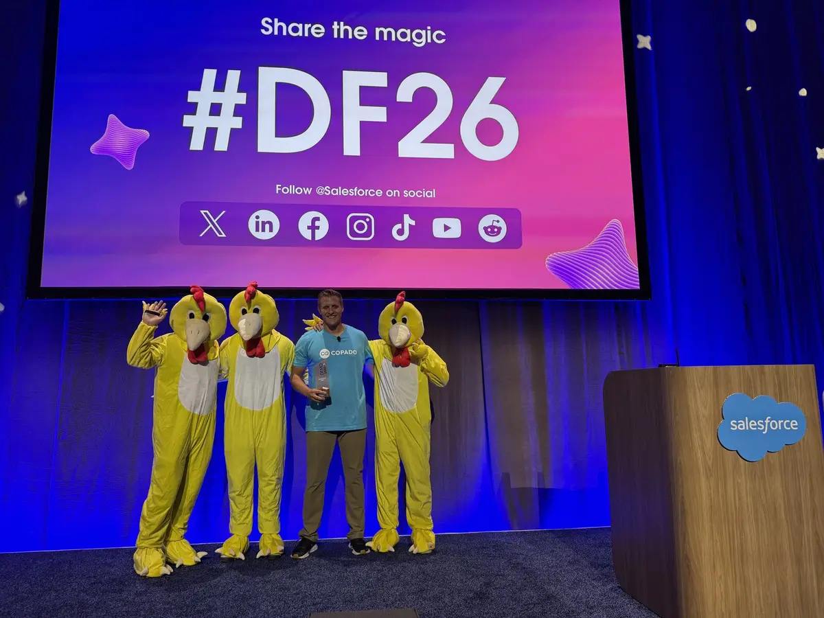 Copado accepting the Demo Jam award on stage at Dreamforce