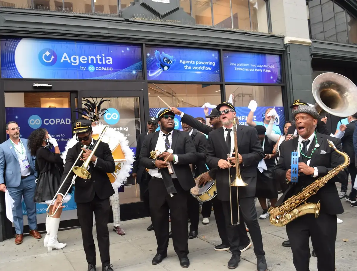 Brass band playing outside Copado HQ
