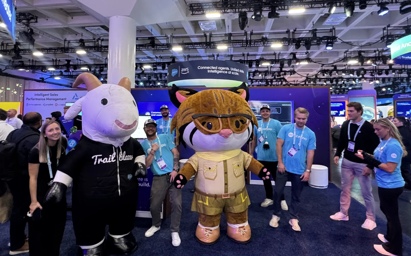Copado team with Trailblazer mascots at Campground Expo